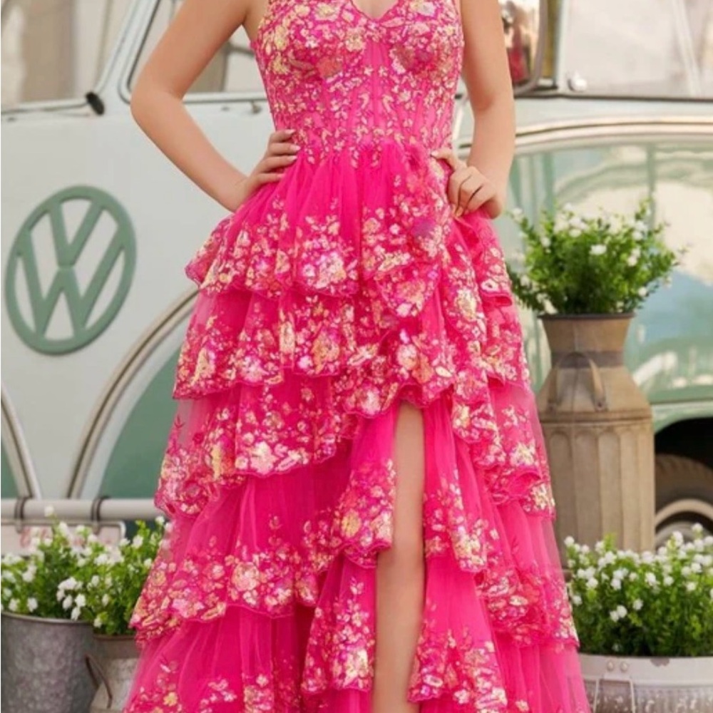 Hot Pink Floral Ruffled High-Slit Gown